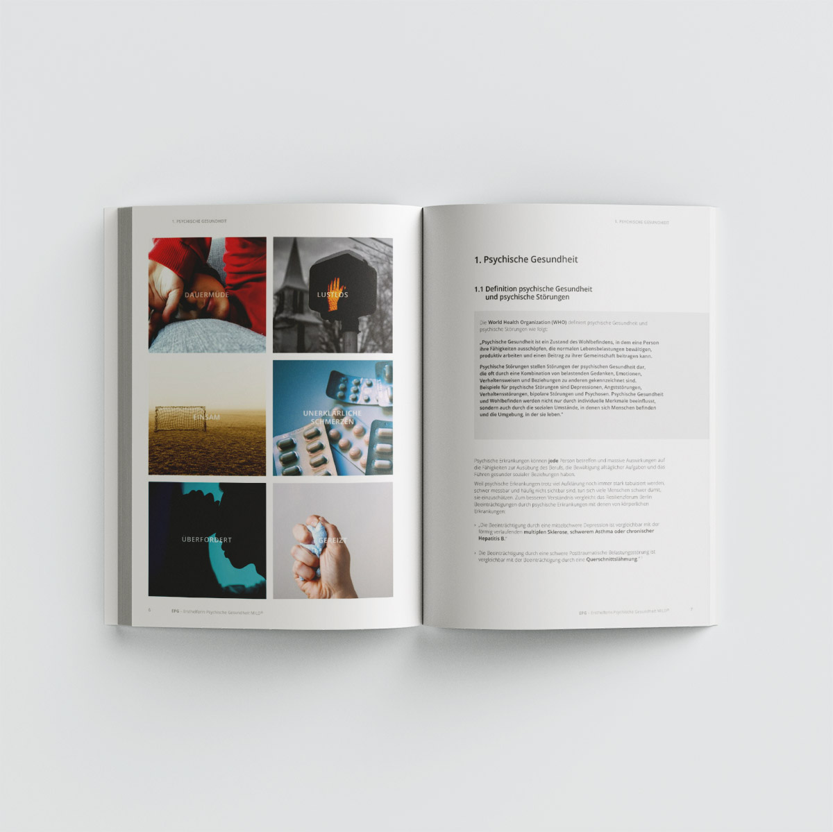 Ein aufgeschlagenes Magazin zeigt eine linke Seite mit sechs Fotos, darunter Hände, eine Pillenpackung und abstrakte Bilder. Die rechte Seite hat die Überschrift "Psychische Gesundheit" und mehrere Absätze mit deutschem Text in einem klaren Layout.